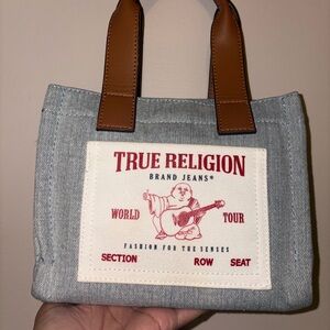 True Religion Blue Denim Tote with Tan Handles